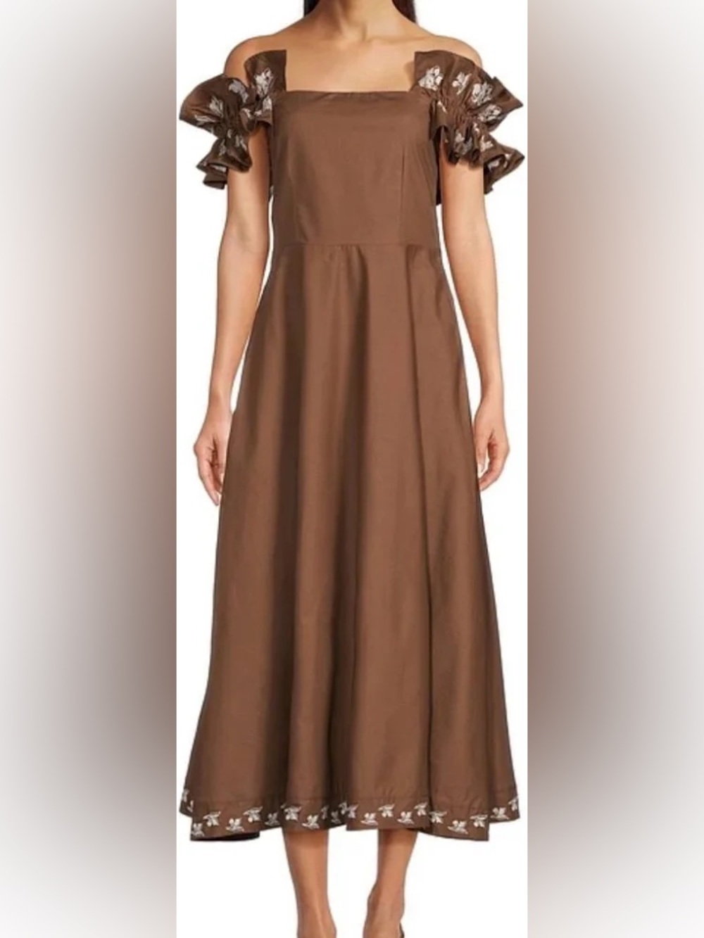 Fanm Mon Brown Off-Shoulder Midi Dress with Floral Ruffle Sleeves